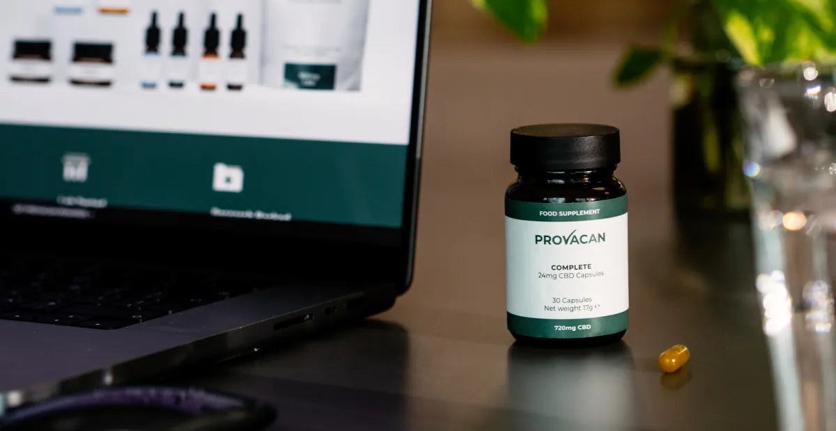 CBD capsules from Provacan: Complete 24mg CBD capsules on a desk next to a computer with the Provacan website on the screen