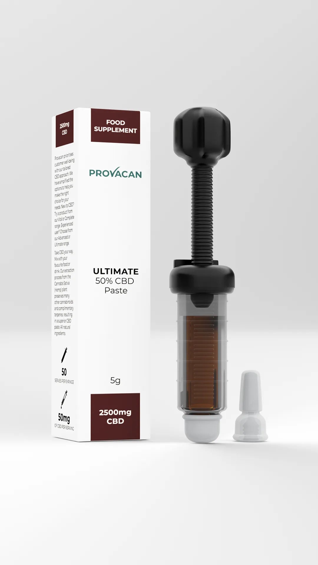 Provacan Ultimate CBD Oil Paste | 2500mg / 50% CBD, 5g outside its packaging box on a light grey background