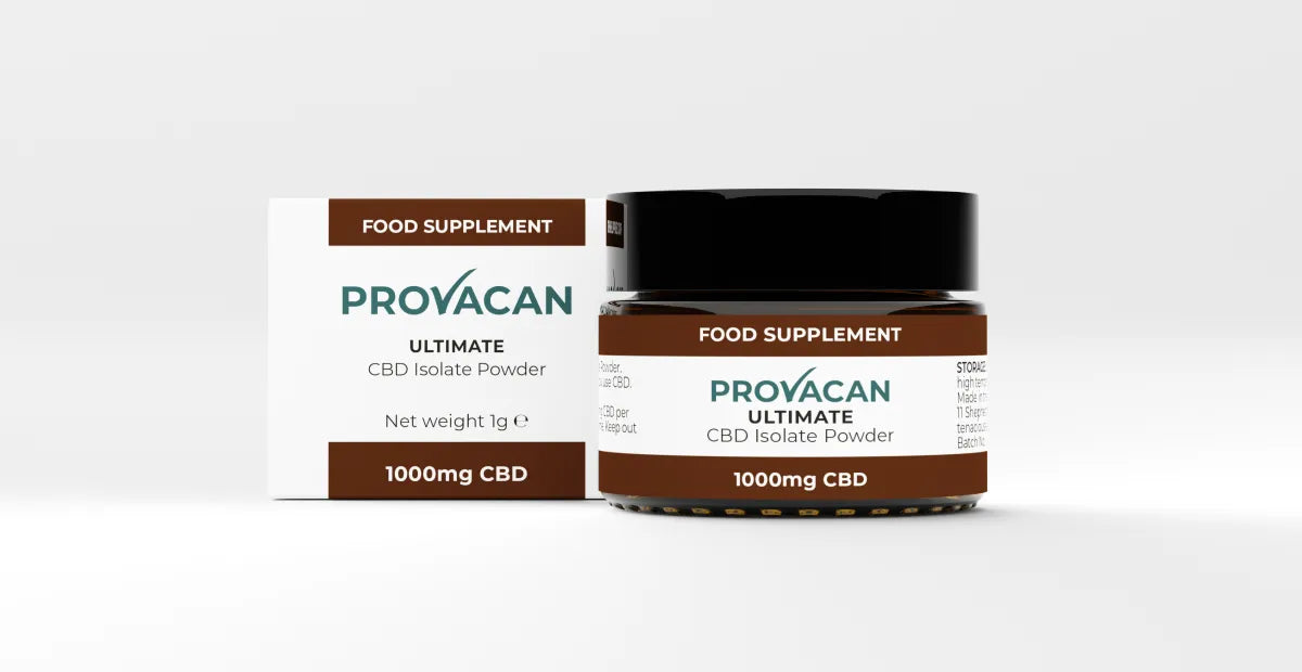 Provacan Ultimate CBD Isolate Powder 1000mg CBD on light grey background