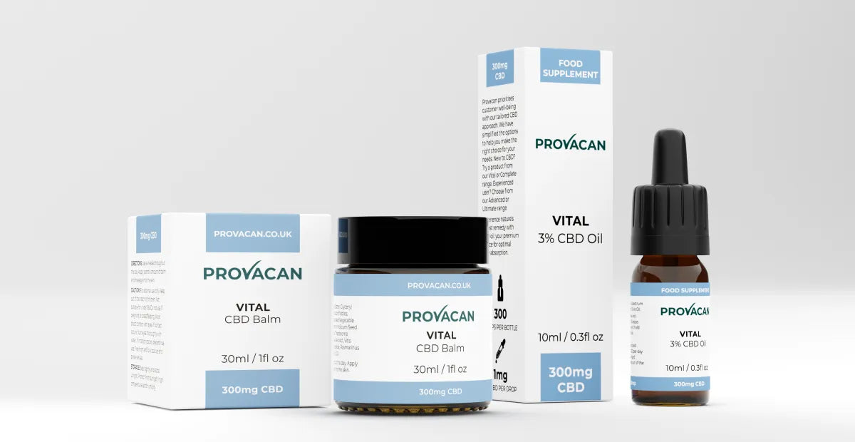 Provacan Vital CBD range for beginners: Vital 300mg / 3% CBD Oil and Vital 300mg CBD / 1% CBD Balm next to their packaging on light grey background