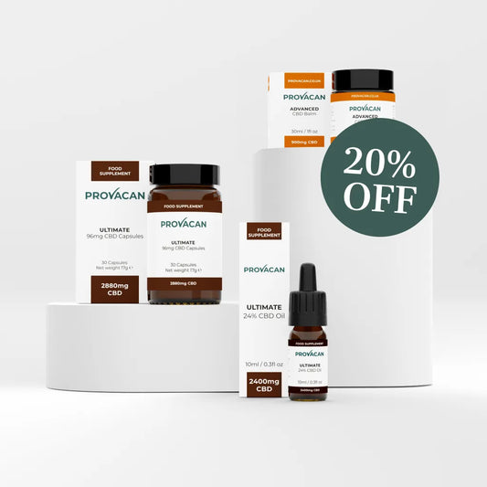 Provacan Ultimate CBD Starter Kit including Ultimate 96mg CBD Capsules, Ultimate 24% 2400mg CBD Oil and Advanced 3% 900mg CBD Balm with a dark green 20% off roundel on a light grey background