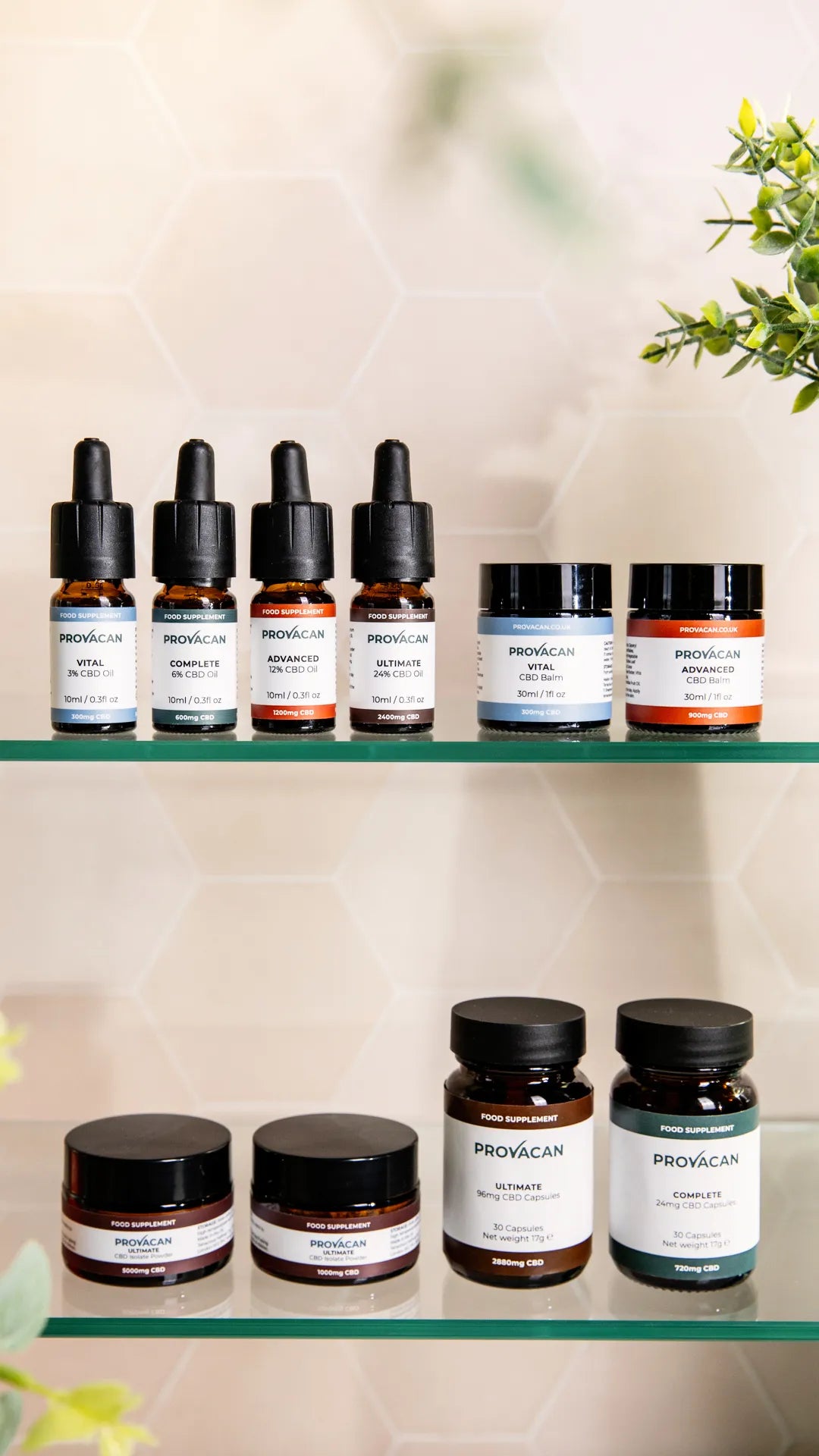 Provacan CBD Products on a glass shelf: oils, balms, isolate and capsules