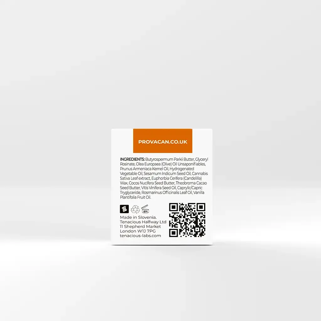 Back of Provacan Vital CBD Balm Box with ingredients:
Butyrospermum Parkii Butter, Glyceryl Rosinate, Olea Europaea (Olive) Oil Unsaponifiables, Prunus Armeniaca Kernel Oil, Hydrogenated Vegetable Oil, Cocos Nucifera Seed Butter, Sesamum Indicum Seed Oil, Euphorbia Cerifera (Candelilla) Wax, Theobroma Cacao Seed Butter, Cannabis Sativa Leaf extract, Vitis Vinifera Seed Oil, Caprylic/Capric Tryglyceride, Rosmarinus Officinalis Leaf Oil, Vanilla Plantifolia Fruit Oil.