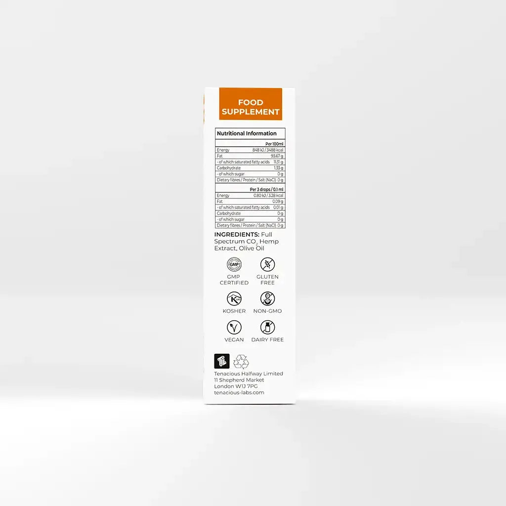Back of Bottle of Provacan Advanced 12% CBD Oil box with nutritional information, ingredients and certifications.
Ingredients: Full Spectrum CO2 Hemp Extract, Olive Oil
Certifications:
GMP Certified
Gluten Free
Kosher
Non-GMO
Vegan
Dairy-Free