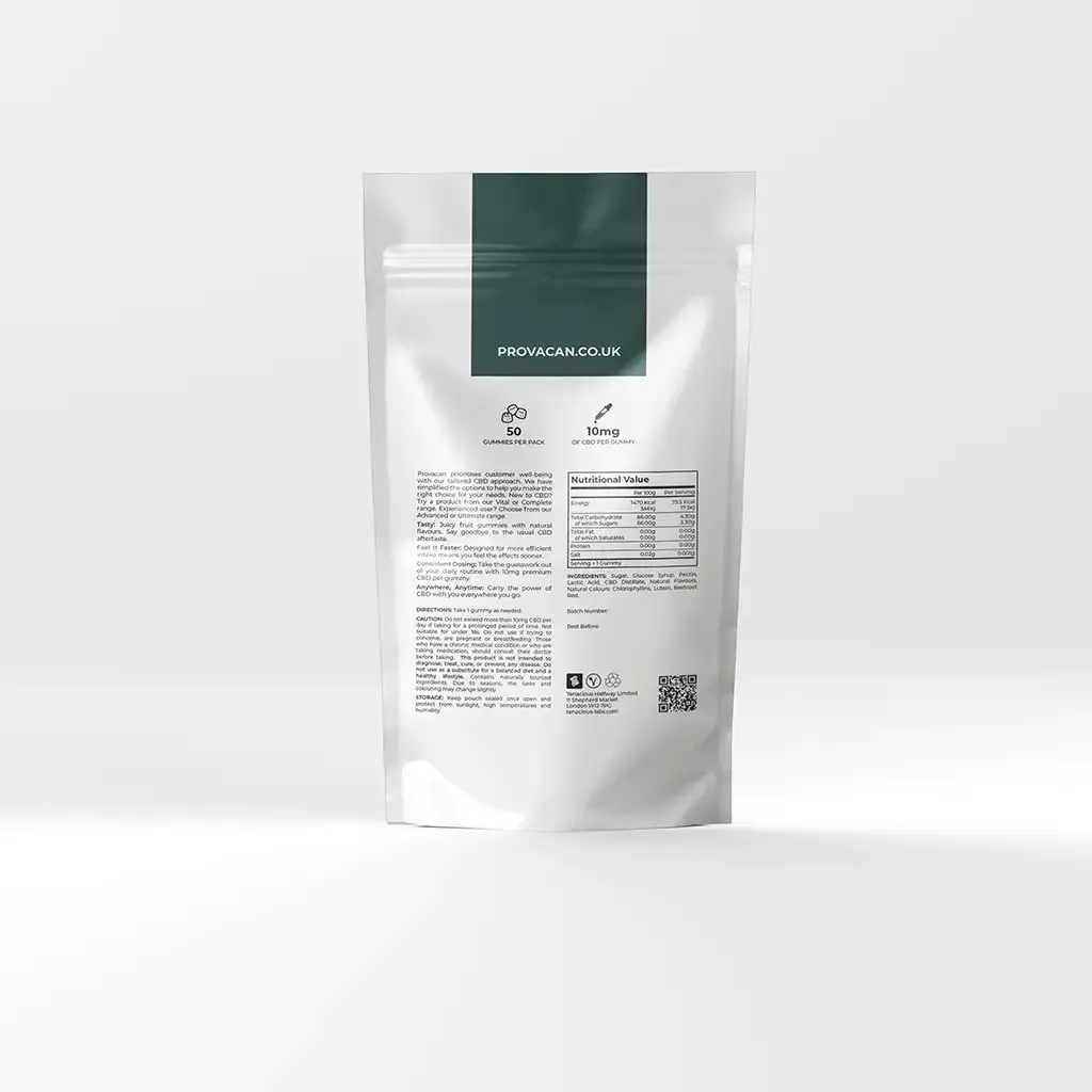 The back of Provacan Complete CBD Gummies Pack illustrating that it includes 50 gummies with 10mg CBD each.