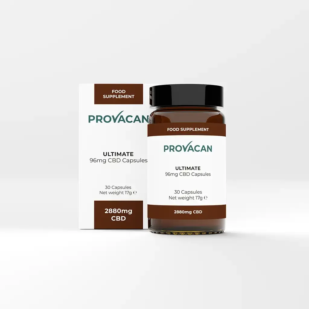 Jar of Provacan Ultimate 96mg CBD Capsules with box
