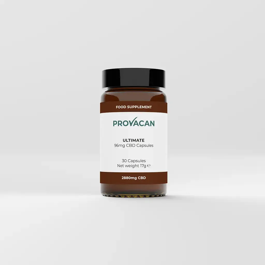 A jar of Provacan Ultimate 96mg CBD Capsules
30 Capsules, Net weight 17g, 2880mg CBD