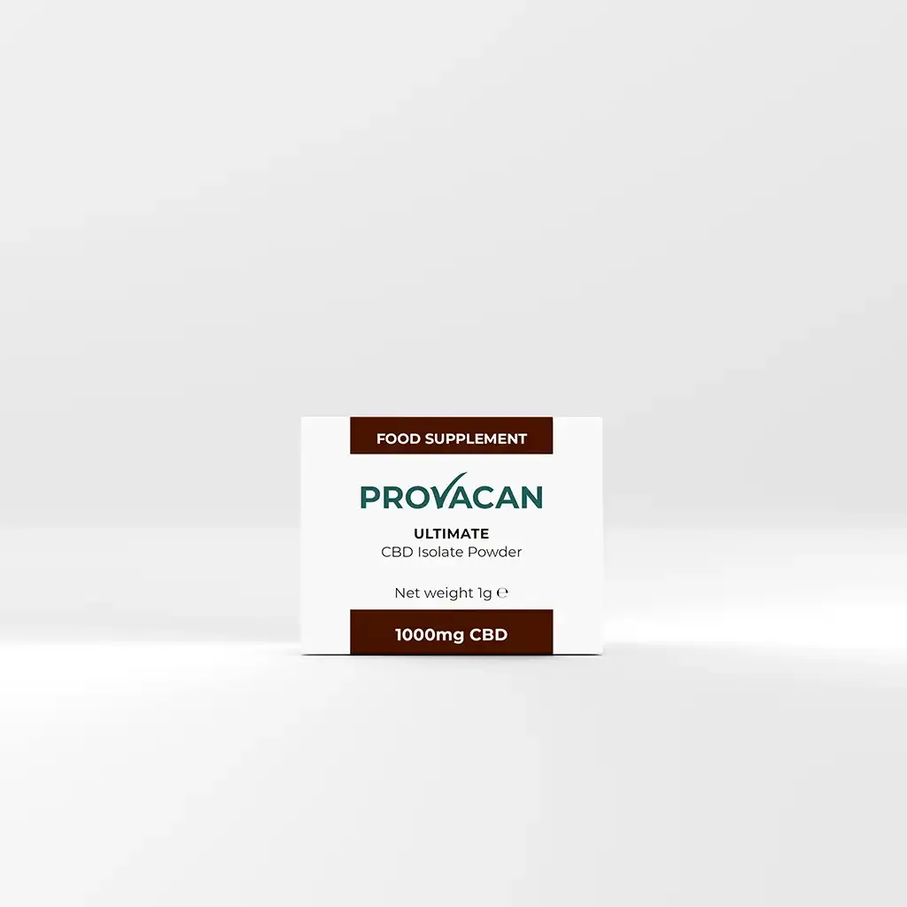 The front of Provacan Ultimate CBD Isolated Powder box. Net weight 1g. 1000mg CBD.