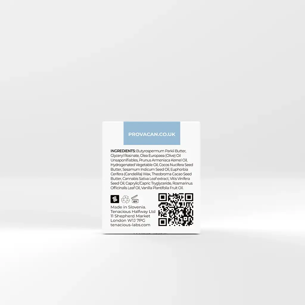 Back of Provacan Vital CBD Balm Box with ingredients:
Butyrospermum Parkii Butter, Glyceryl Rosinate, Olea Europaea (Olive) Oil Unsaponifiables, Prunus Armeniaca Kernel Oil, Hydrogenated Vegetable Oil, Cocos Nucifera Seed Butter, Sesamum Indicum Seed Oil, Euphorbia Cerifera (Candelilla) Wax, Theobroma Cacao Seed Butter, Cannabis Sativa Leaf extract, Vitis Vinifera Seed Oil, Caprylic/Capric Tryglyceride, Rosmarinus Officinalis Leaf Oil, Vanilla Plantifolia Fruit Oil.
