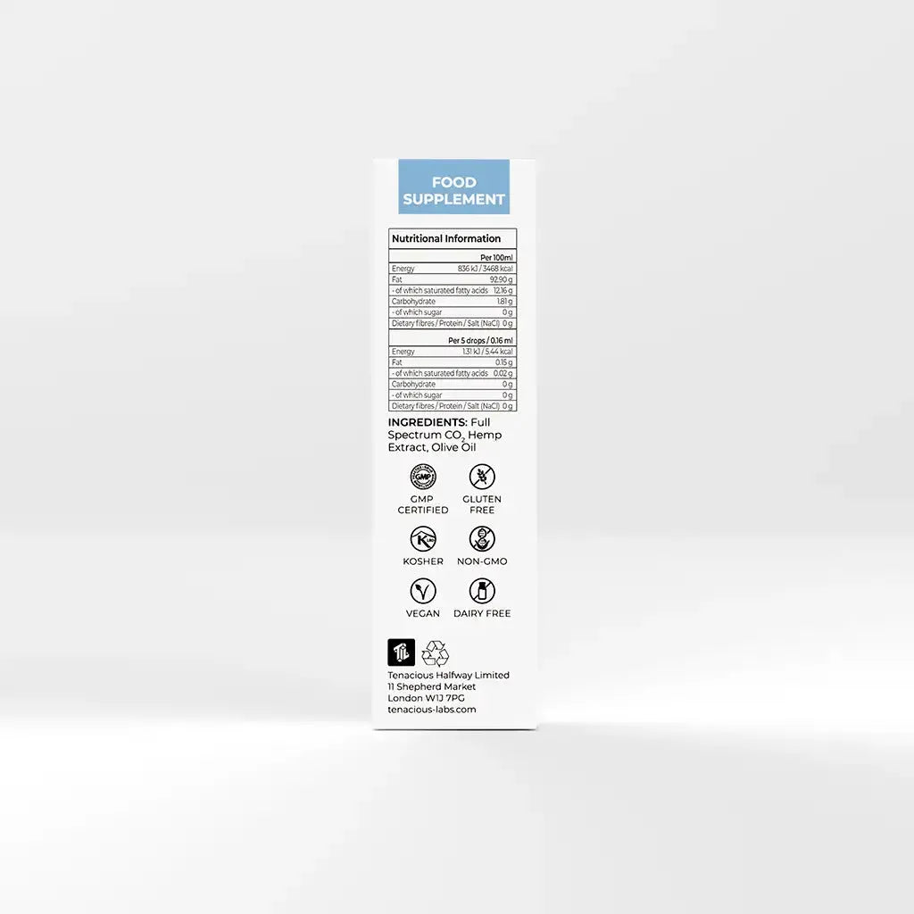 Back of Provacan Vital 3% CBD Oil box with nutritional information, ingredients and certifications.
Ingredients: Full Spectrum CO2 Hemp Extract, Olive Oil
Certifications:
GMP Certified
Gluten Free
Kosher
Non-GMO
Vegan
Dairy-Free