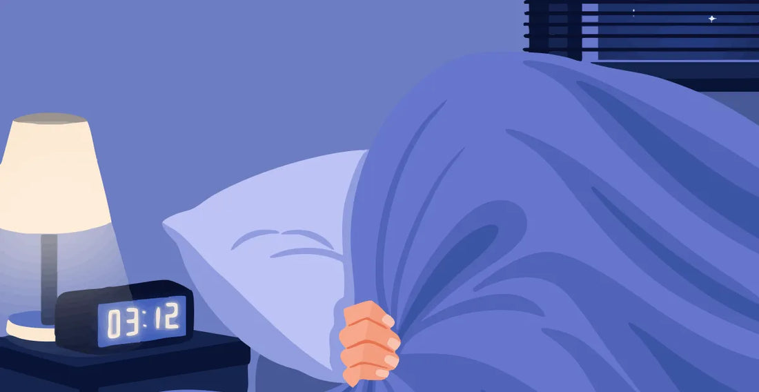 Illustration with a person in bed under a blue blanket with a bedside lamp and digital alarm clock on a bedside table