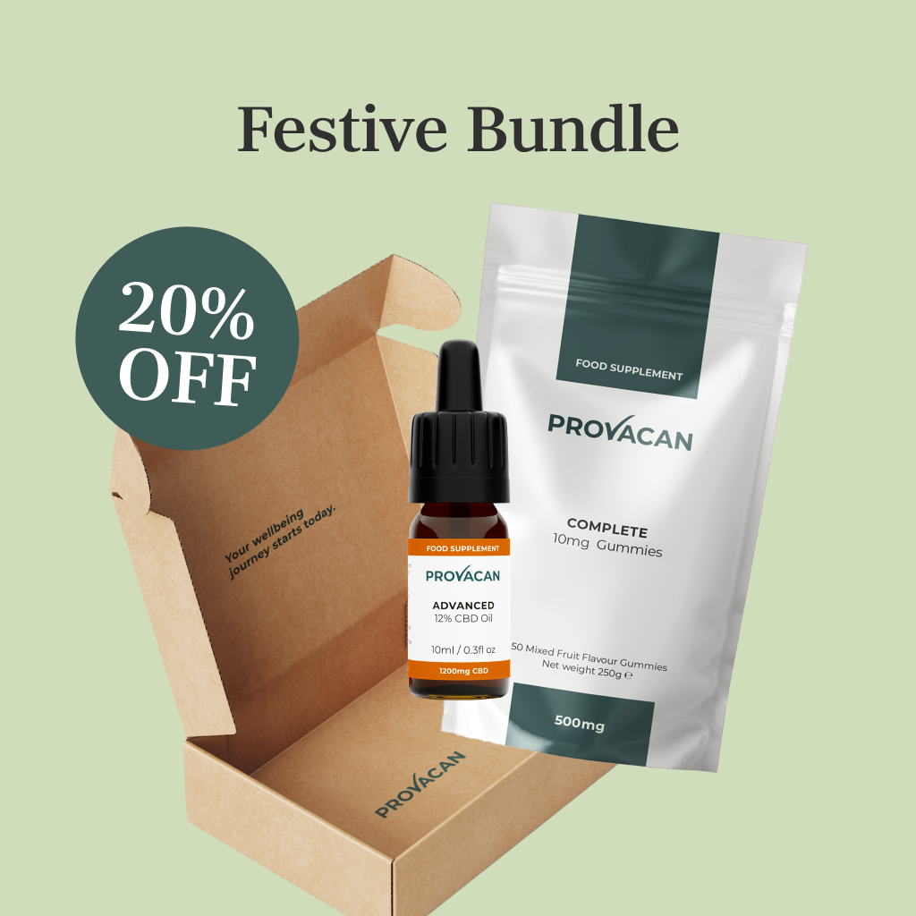 Provacan Festive CBD Starter Bundle with Advanced 1200mg 12% CBD Oil, Complete 10mg Gummies and delivery box with 20% off dark green logo on light green background