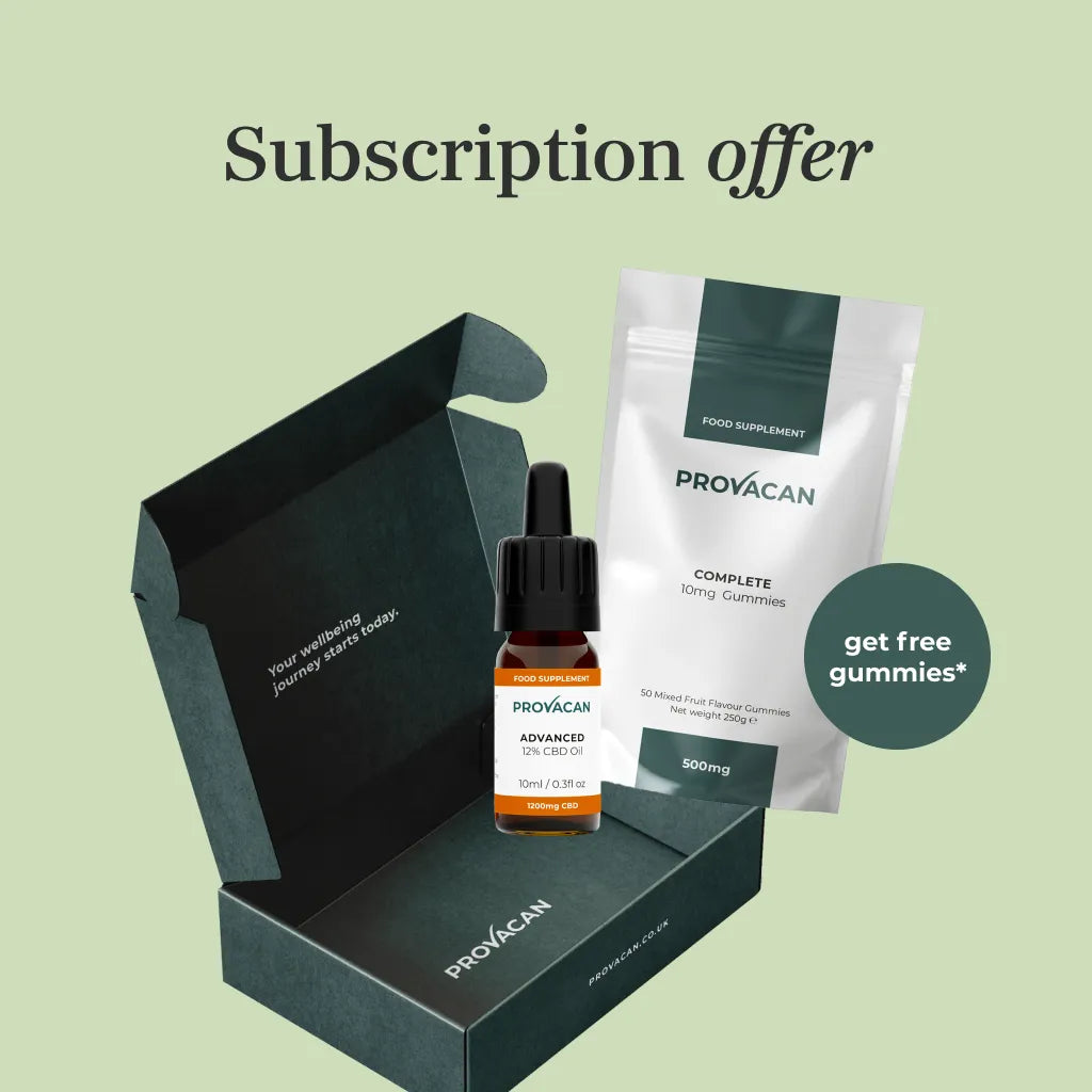 Provacan subscription offer: Advanced 1200mg CBD Oil and Complete 10mg CBD Gummies with dark green delivery box next to roundel 'get free gummies'
