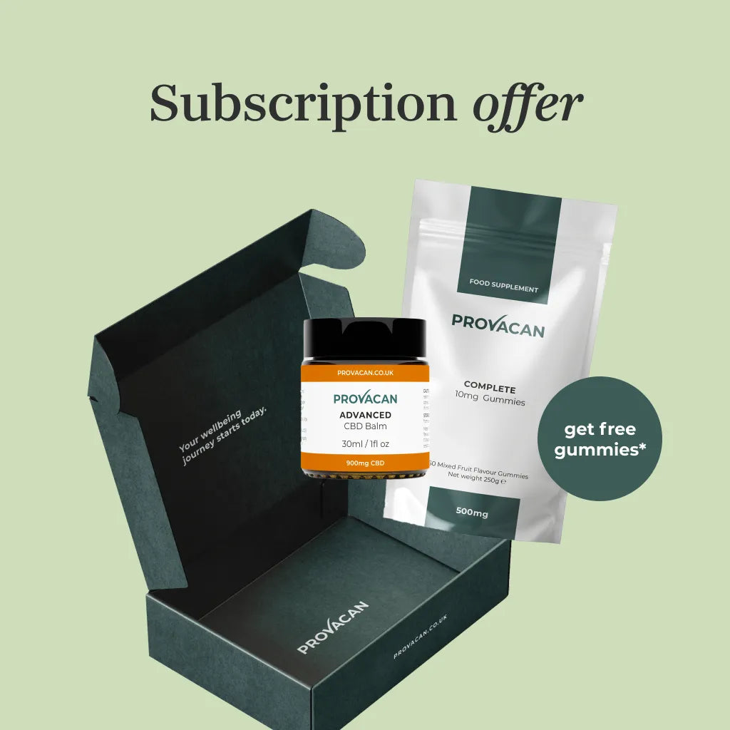 Provacan subscription offer: Advanced 900mg CBD Balm and Complete 10mg CBD Gummies with dark green delivery box next to roundel 'get free gummies'
