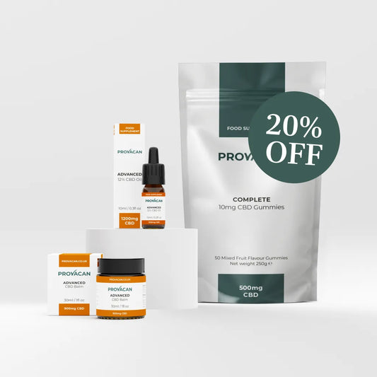 Provacan Advanced CBD Starter Kit including Advanced 3% 900mg CBD Balm, Advanced 12% 1200mg CBD Oil and Complete 10mg CBD Gummies with a dark green 20% off roundel on a light grey background