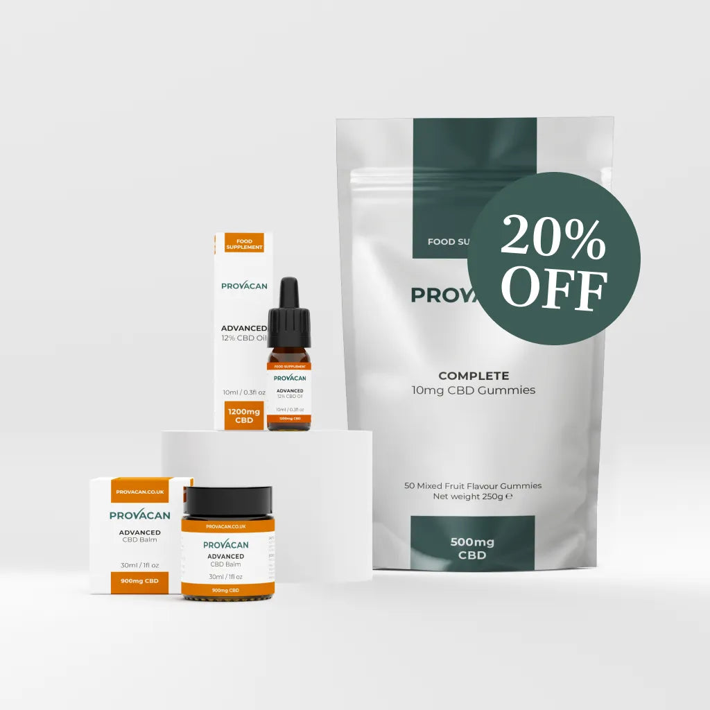 Provacan Advanced CBD Starter Kit including Advanced 3% 900mg CBD Balm, Advanced 12% 1200mg CBD Oil and Complete 10mg CBD Gummies with a dark green 20% off roundel on a light grey background