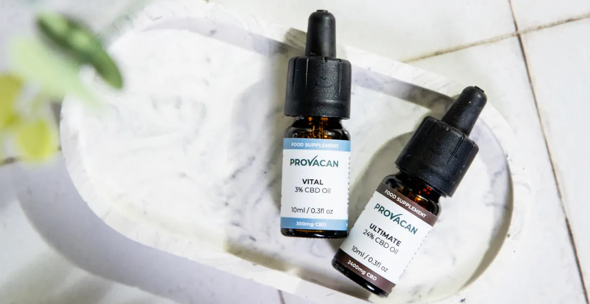 Provacan Bestsellers CBD Wellness Products: Ultimate 24% 2400mg CBD oil and Vital 3% 300mg CBD oil on a marble tray 