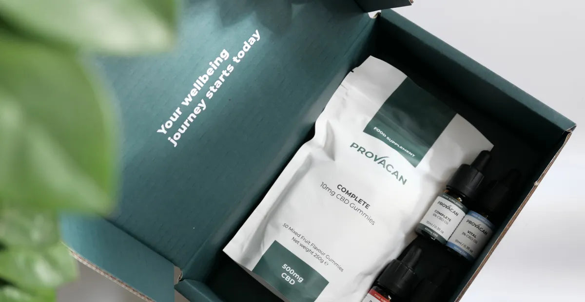 Provacan Bestsellers CBD Wellness Products: Complete 10mg CBD Gummies, Complete 6% 600mg CBD oil, Vital 3% 300mg CBD oil in the Provacan dark green box which says 'Your wellbeing journey starts today' on it