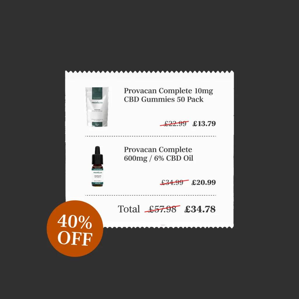 Provacan Black Friday exclusive Calm CBD bundle including Complete 10mg CBD gummies and Complete 6% 600mg CBD oil saving details with an orange 40% off roundel on a dark grey background