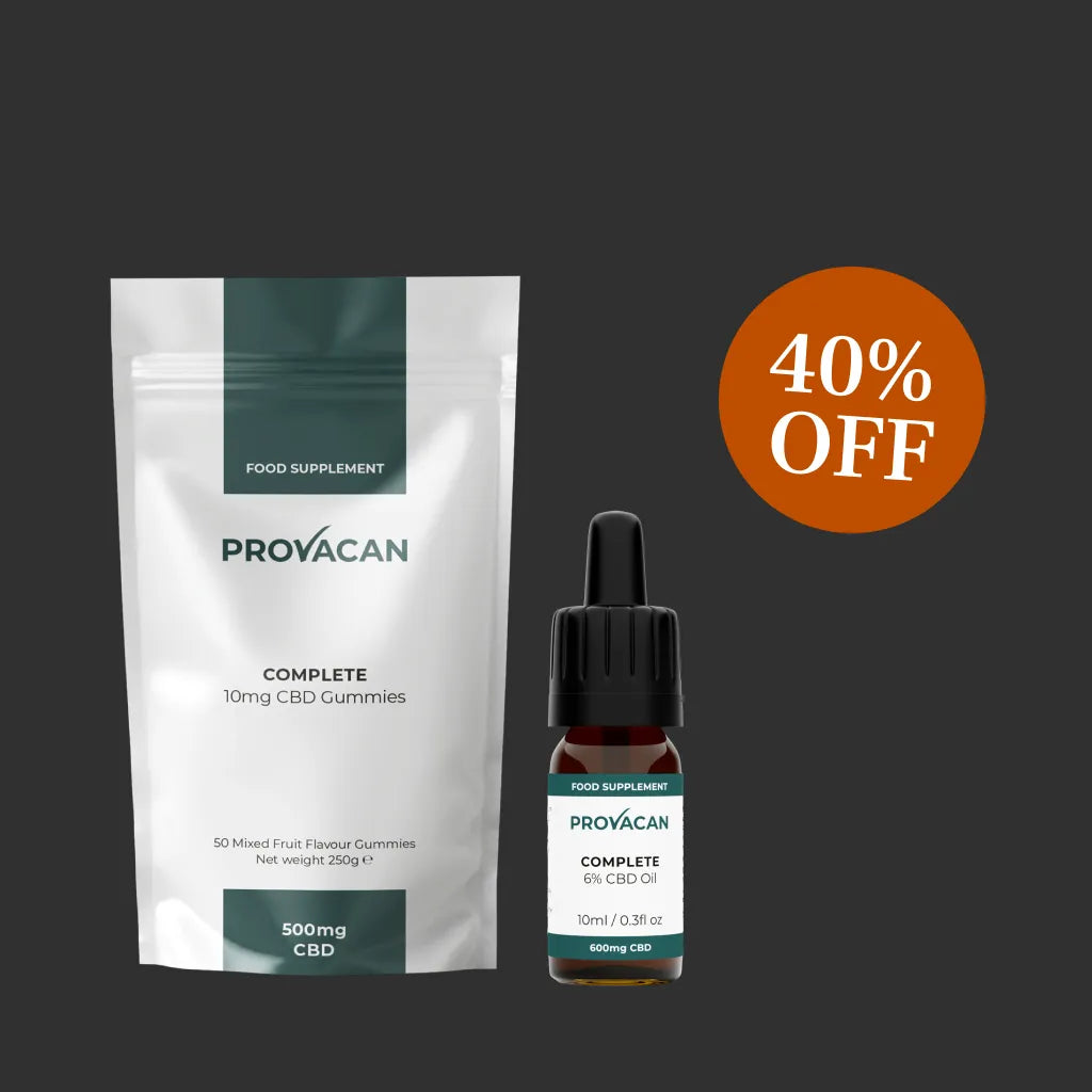 Provacan Black Friday exclusive Calm CBD bundle including 10mg gummies and 6% oil with an orange 40% off roundel on a dark grey background