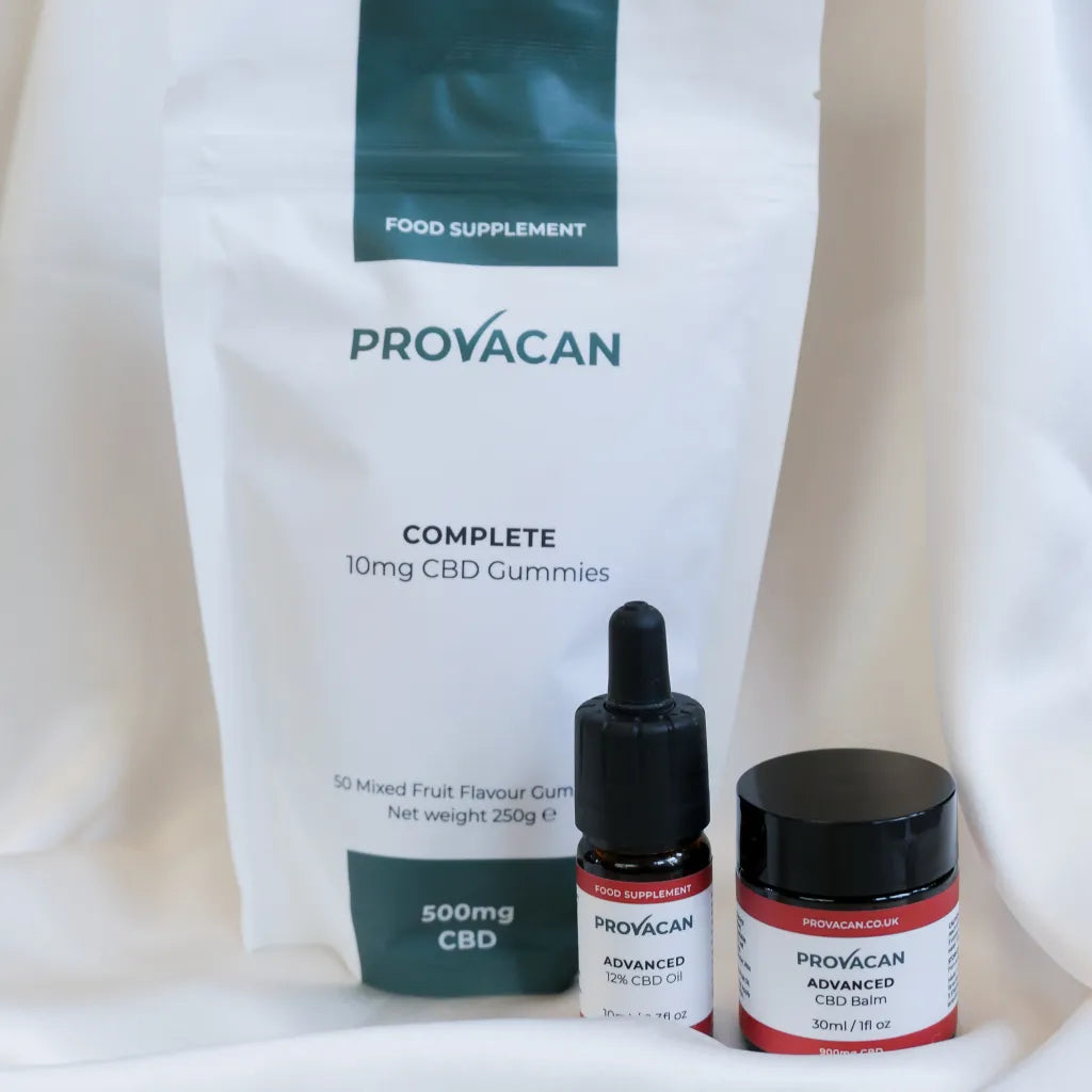 Provacan Black Friday exclusive Relief CBD bundle including Complete 10mg CBD gummies, Advanced 12% 1200mg CBD oil, and Advanced 3% 900mg CBD balm on a white background