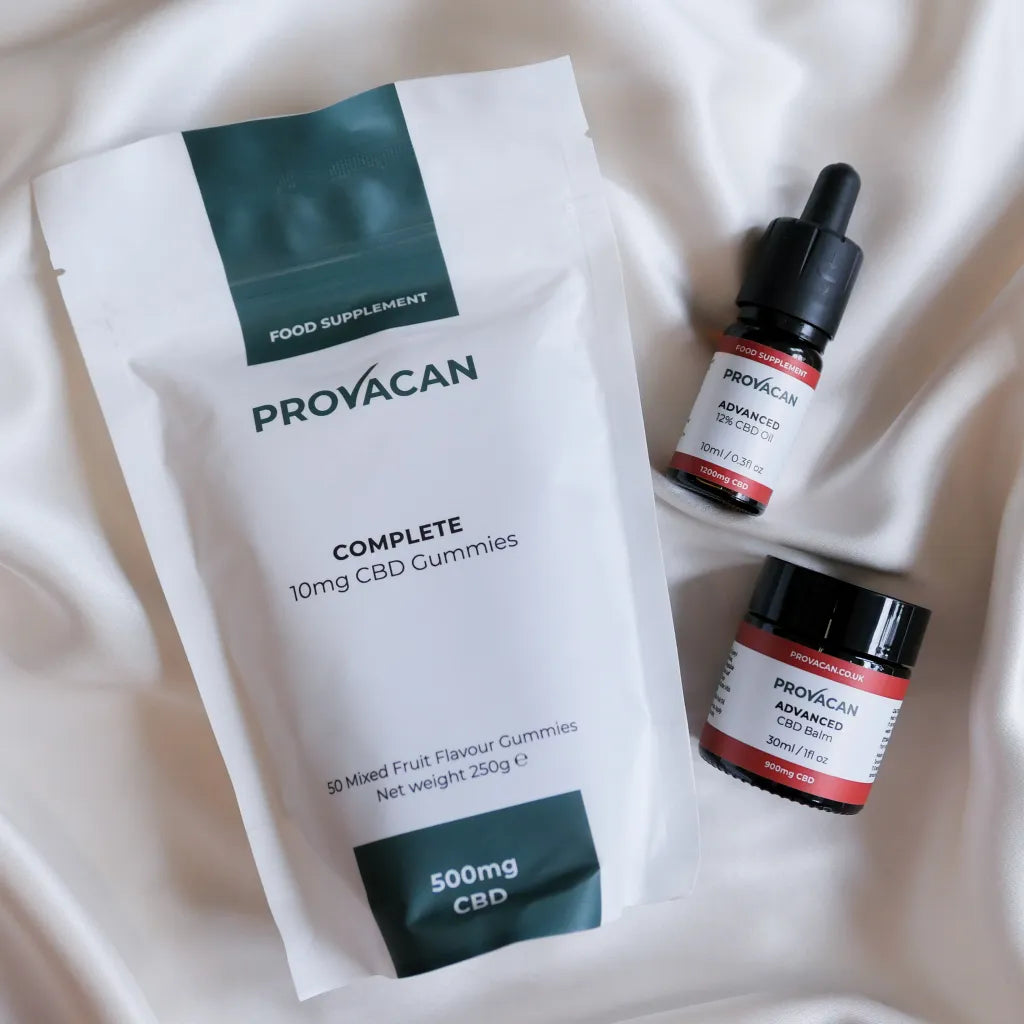 Provacan Black Friday exclusive Relief CBD bundle including Complete 10mg CBD gummies, Advanced 12% 1200mg CBD oil, and Advanced 3% 900mg CBD balm on a white background