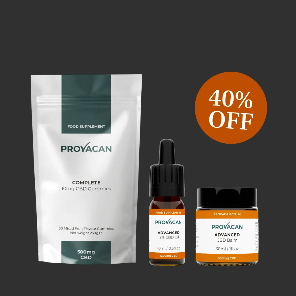 Provacan Black Friday exclusive Relief CBD bundle including 10mg gummies, 12% oil, and 3% balm with an orange 40% off roundel on a dark grey background