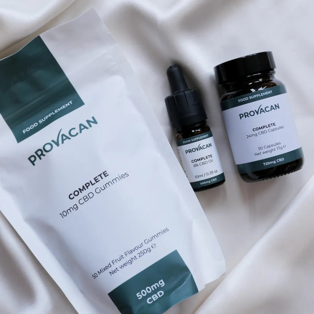 Provacan Black Friday exclusive Sleep CBD bundle including Complete 10mg CBD gummies, Complete 6% 600mg CBD oil and Complete 24mg CBD capsules on a white background