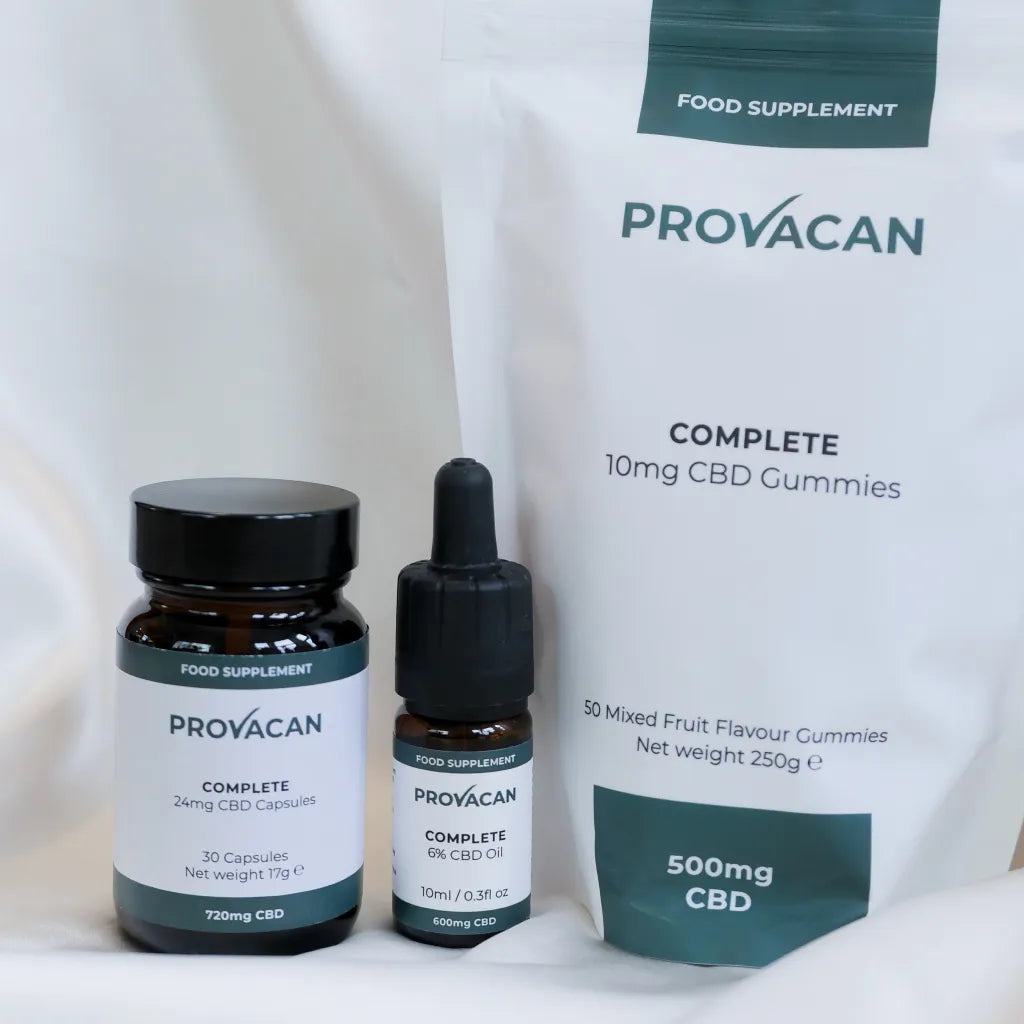Provacan Black Friday exclusive Sleep CBD bundle including Complete 10mg CBD gummies, Complete 6% 600mg CBD oil and Complete 24mg CBD capsules on a white background