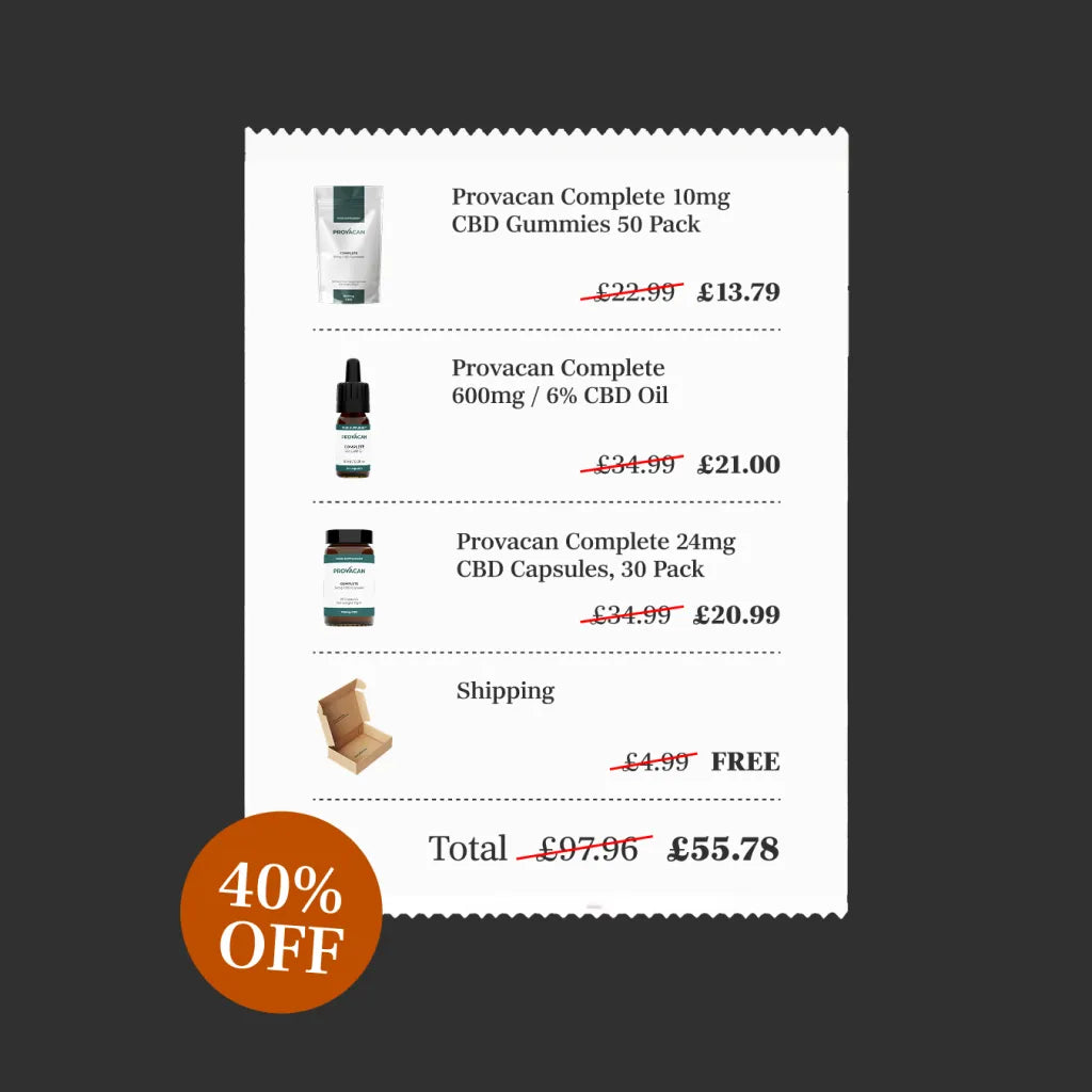 Provacan Black Friday exclusive Sleep CBD bundle including Complete 10mg CBD gummies, Complete 6% 600mg CBD oil and 24mg CBD capsules saving details with an orange 40% off roundel on a dark grey background