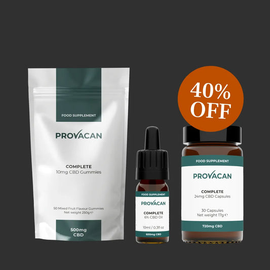 Provacan Black Friday exclusive Sleep CBD bundle including 10mg gummies, 6% oil and 24mg capsules with an orange 40% off roundel on a dark grey background