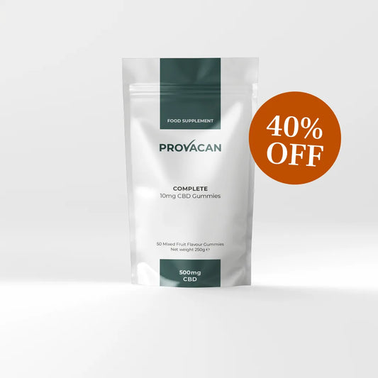 Provacan Black Friday exclusive Prepaid 3-month CBD subscription of Complete 10mg CBD gummies with an orange 40% off roundel