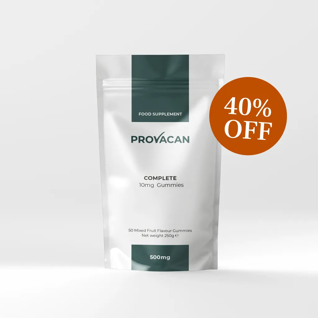 Provacan Black Friday exclusive Prepaid 3-month subscription of Complete 10mg gummies with an orange 40% off roundel