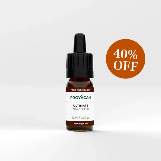 Provacan Black Friday exclusive Prepaid 3-month CBD subscription of Ultimate 24% 2400mg CBD oil with an orange 40% off roundel