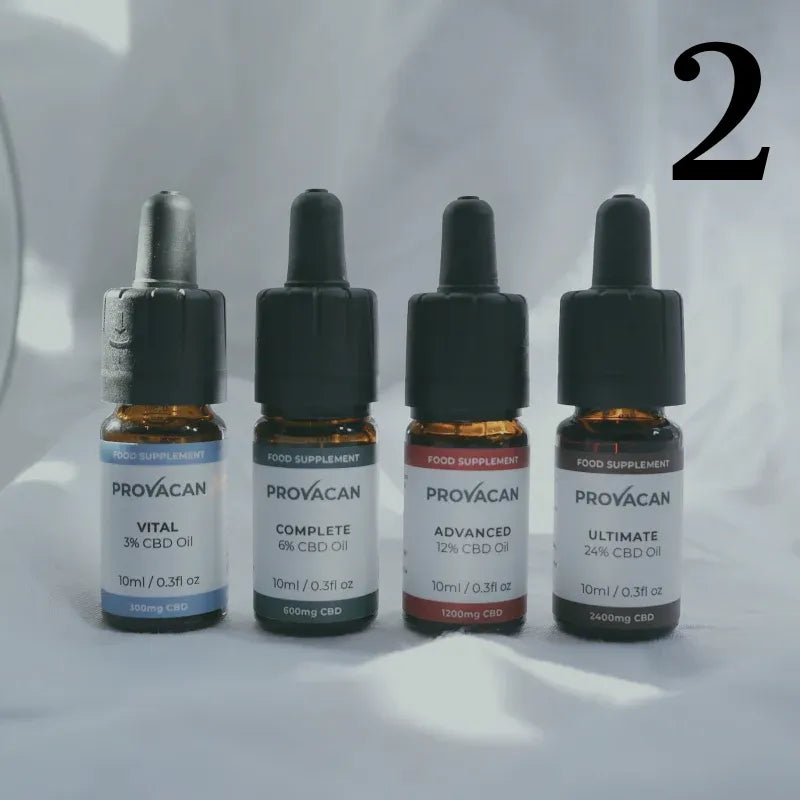 Full range of Provacan CBD oils: 3%, 6%, 12%and 24% amidst bedsheets. Number 2 written in top right corner.