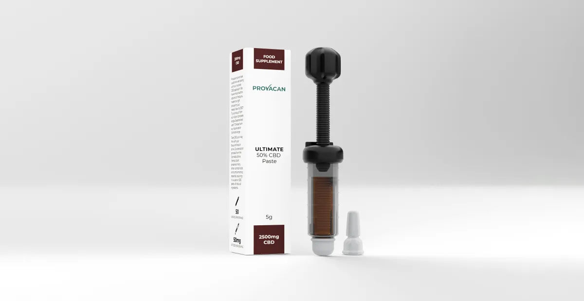 Provacan Ultimate CBD Oil Paste | 2500mg / 50% CBD, 5g outside its packaging box on a light grey background