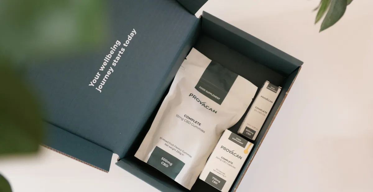 Dark green box of Provacan CBD products written ' Your wellbeing journey starts today', with gummies, oils and capsules