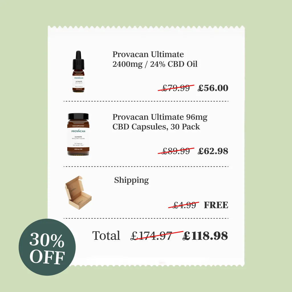 Provacan Festive Christmas exclusive Relief CBD bundle including Ultimate 24% 2400mg CBD oil and Ultimate 96mg CBD capsules saving details with a dark green 30% off roundel on a light green background