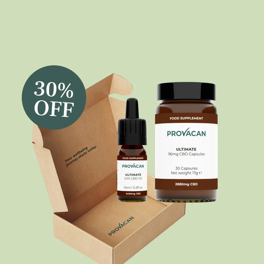 Provacan Festive Christmas exclusive Relief CBD bundle including Ultimate 24% 2400mg CBD oil and Ultimate 96mg CBD capsules with a dark green 30% off roundel on a light green background