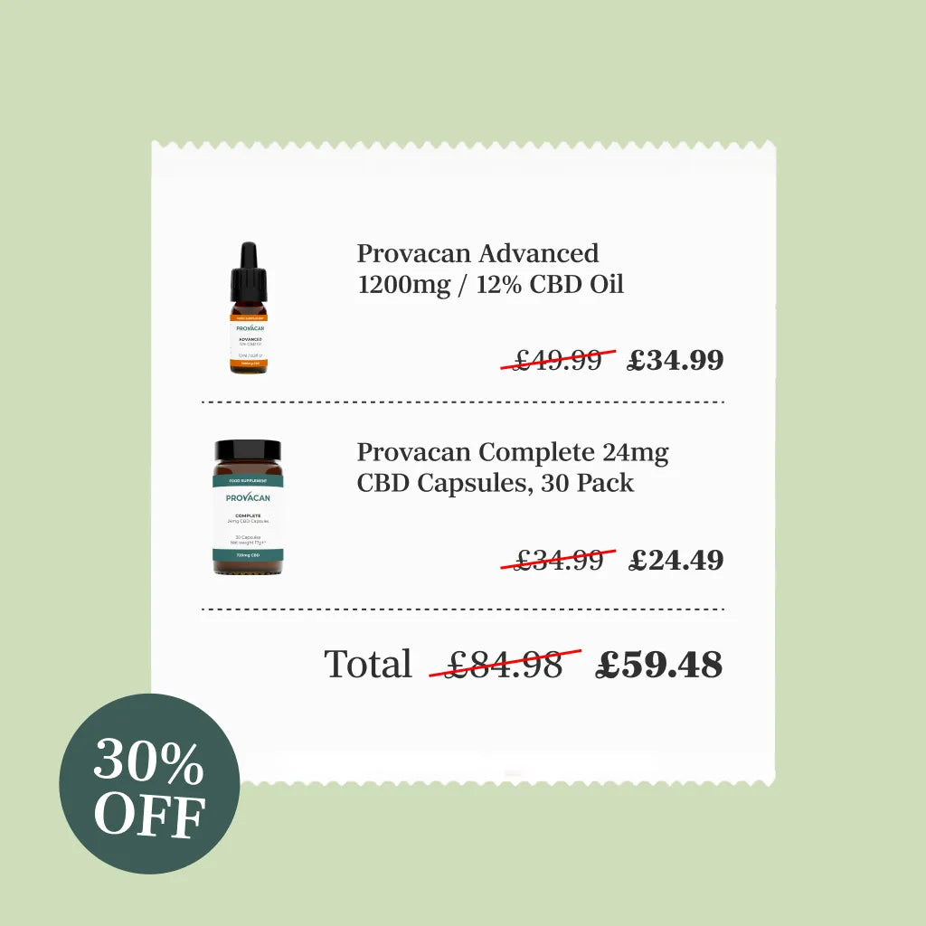 Provacan Festive Christmas exclusive Sleep CBD bundle including Advanced 12% 1200mg CBD oil and Complete 24mg CBD capsules saving details with a dark green 30% off roundel on a light green background