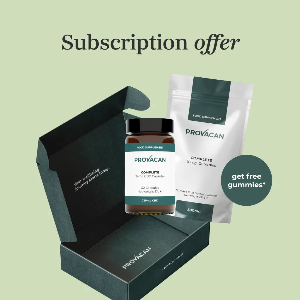 Provacan subscription offer: Complete 24mg CBD Capsules and Complete 10mg CBD Gummies with dark green delivery box next to roundel 'get free gummies'