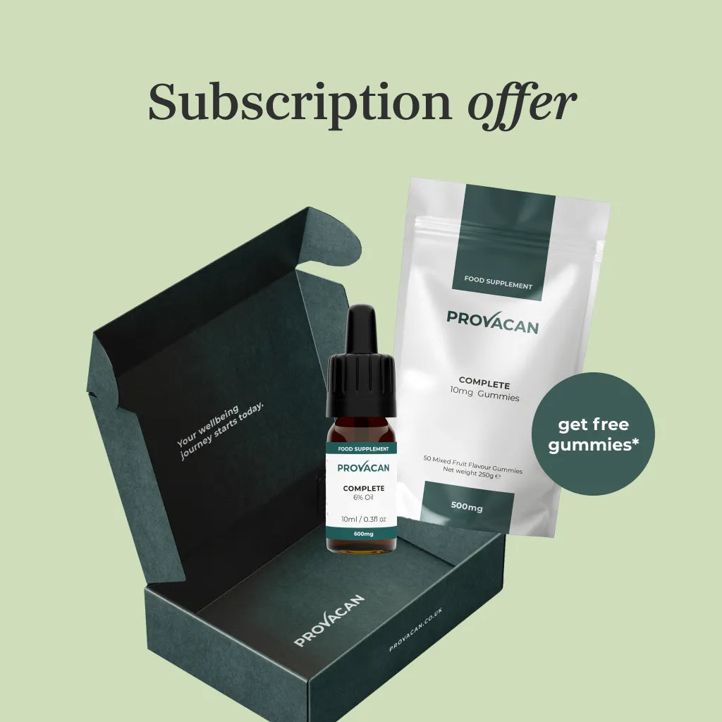Provacan subscription offer: Complete 600mg CBD Oil and Complete 10mg CBD Gummies with dark green delivery box next to roundel 'get free gummies'