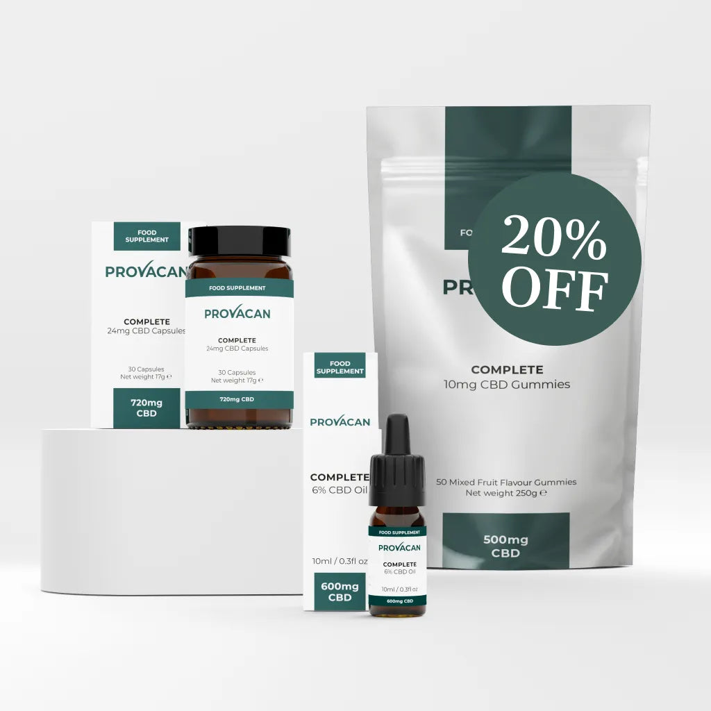Provacan Complete CBD Starter Kit including Complete 24mg CBD Capsules, Complete 6% 600mg CBD Oil and Complete 10mg CBD Gummies with a dark green 20% off roundel on a light grey background