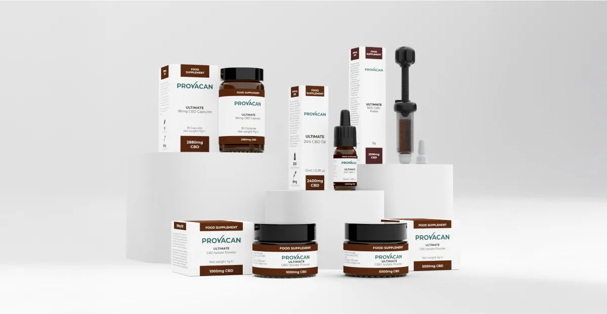 Provacan premium CBD Ultimate range of supplement products on a light grey background: 96mg Capsules, 24% Oil, 50% Paste and 1000mg and 5000mg Isolate