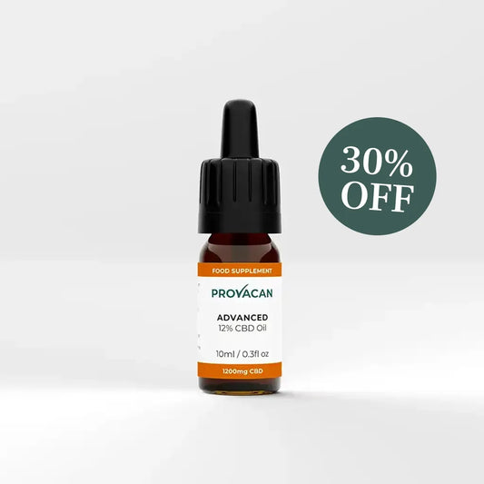 Provacan Prepaid 3-month CBD subscription of Advanced 12% 1200mg CBD oil with a dark green 30% off roundel