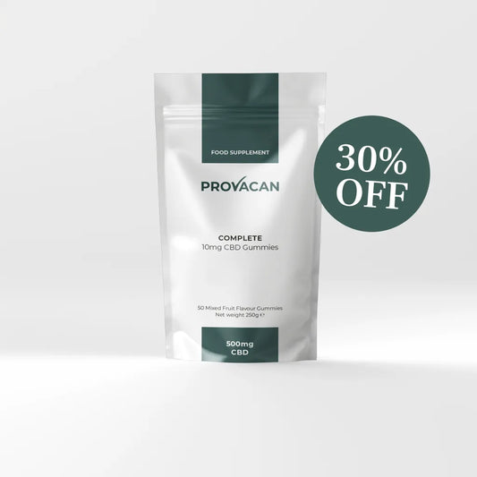 Provacan Prepaid 3-month CBD subscription of Complete 10mg CBD gummies with a dark green 30% off roundel