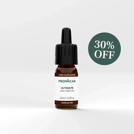 Provacan Prepaid 3-month CBD subscription of Ultimate 24% 2400mg CBD oil with a dark green 30% off roundel
