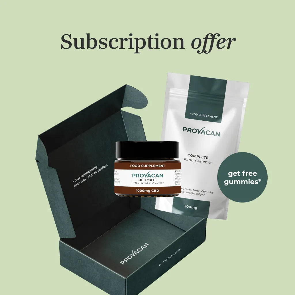Provacan subscription offer: Ultimate 1g CBD Isolate Powder and Complete 10mg CBD Gummies with dark green delivery box next to roundel 'get free gummies'