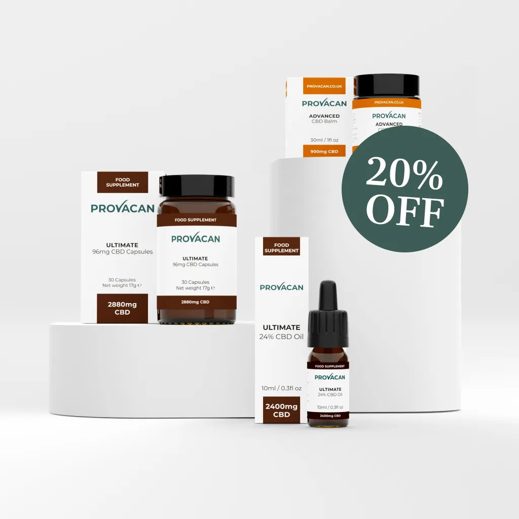 Provacan Ultimate CBD Starter Kit including Ultimate 96mg CBD Capsules, Ultimate 24% 2400mg CBD Oil and Advanced 3% 900mg CBD Balm with a dark green 20% off roundel on a light grey background