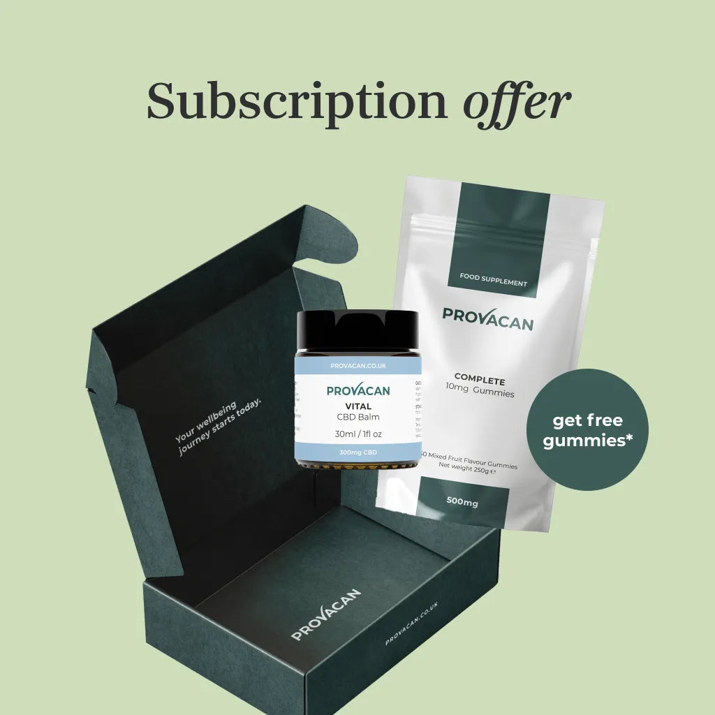 Provacan subscription offer: Vital 300mg CBD Balm and Complete 10mg CBD Gummies with dark green delivery box next to roundel 'get free gummies'